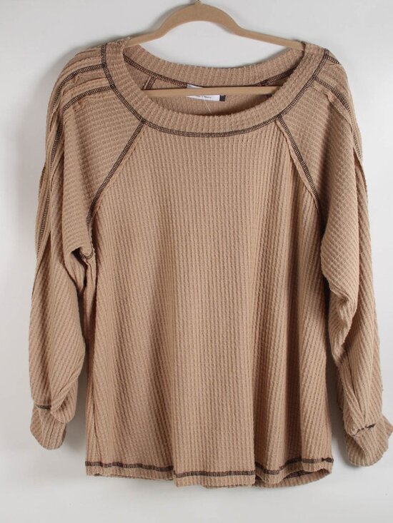 Star Vixen Tops - NWT Star Vixen Waffle Knit Top 2X Tan Beige Long Sleeve Contrast Stitch